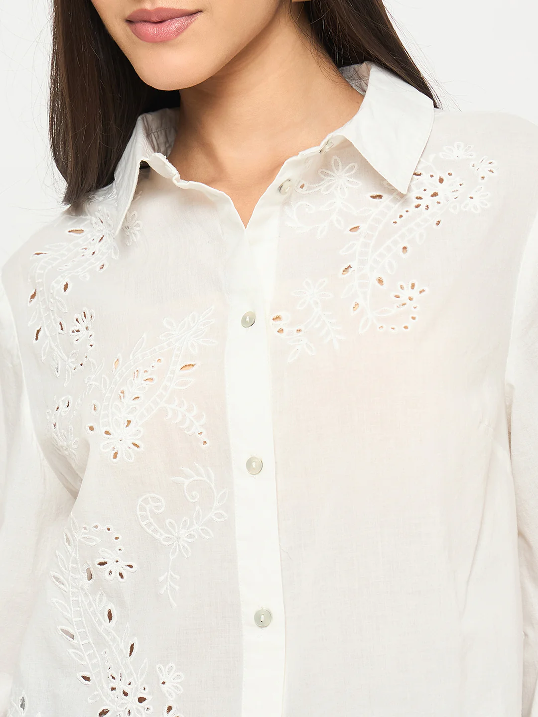 Madame Embroidered and Ruffle Trim Detailed White Cotton Shirt - Image 7