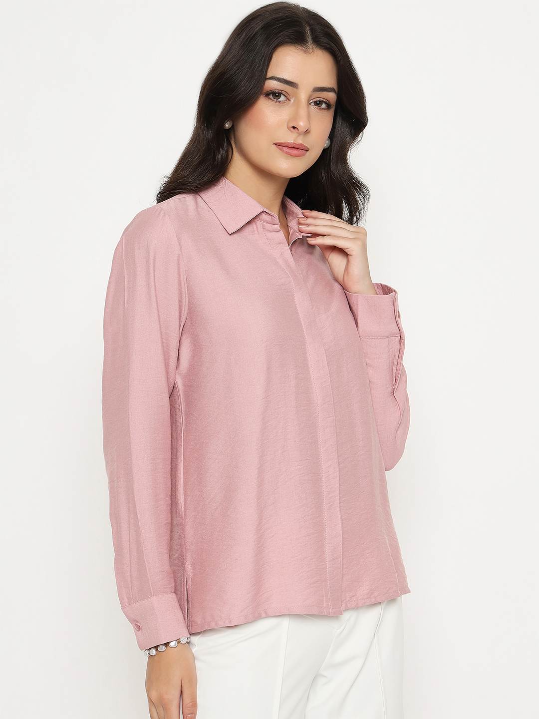Madame Textured Solid Pink Rayon Blend Shirt - Image 4