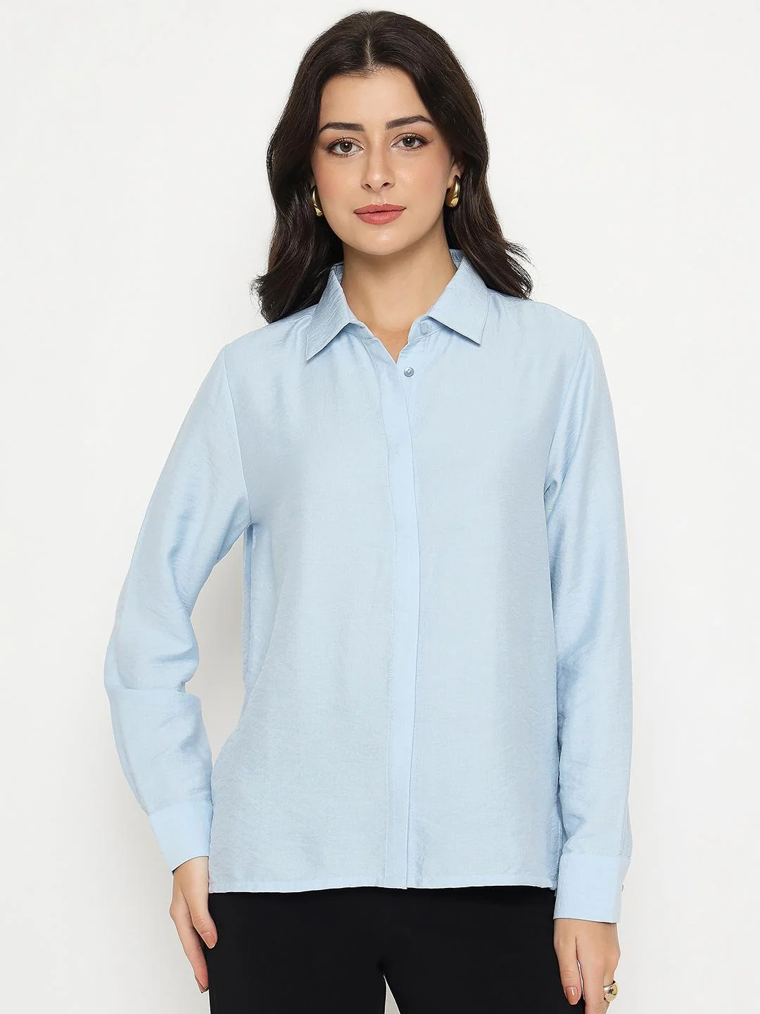 Madame Textured Solid Sky Blue Rayon Blend Shirt - Image 3