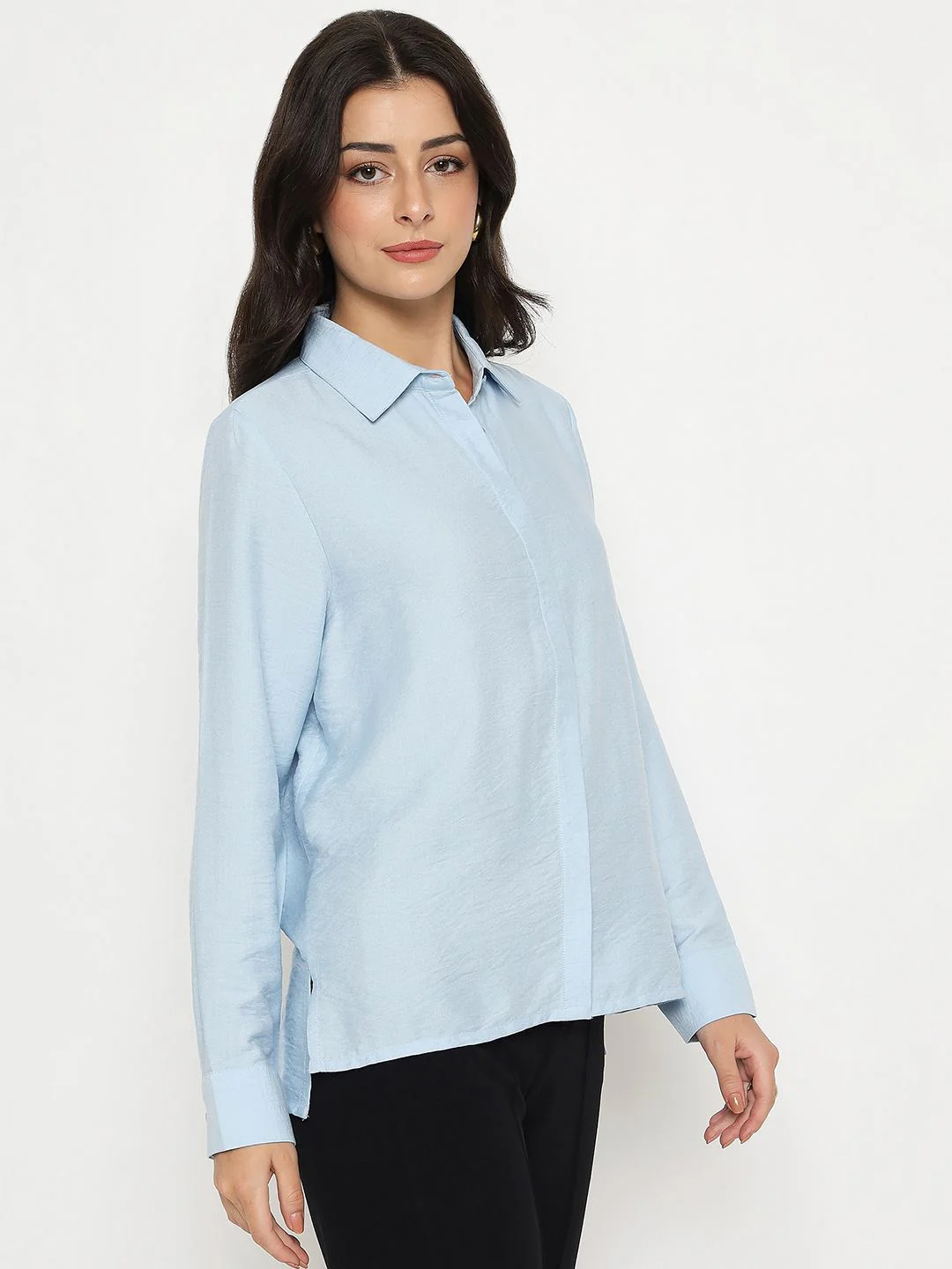Madame Textured Solid Sky Blue Rayon Blend Shirt - Image 4