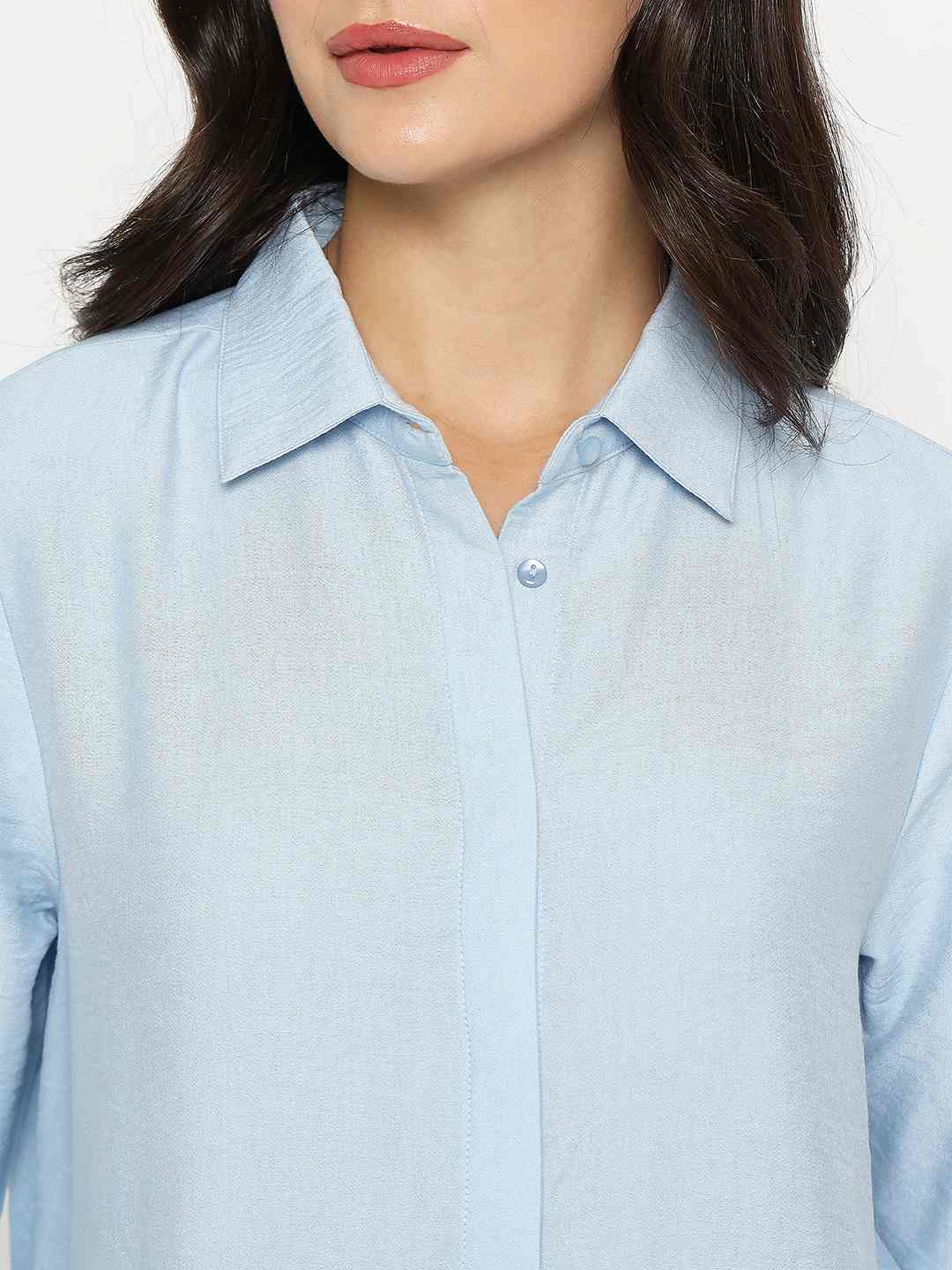 Madame Textured Solid Sky Blue Rayon Blend Shirt - Image 7