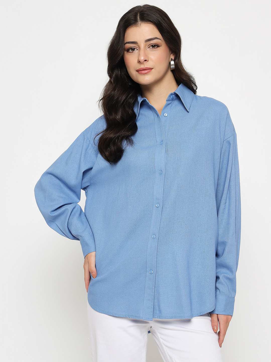 Madame Linen Blend Solid Cobalt Blue Shirt - Image 3