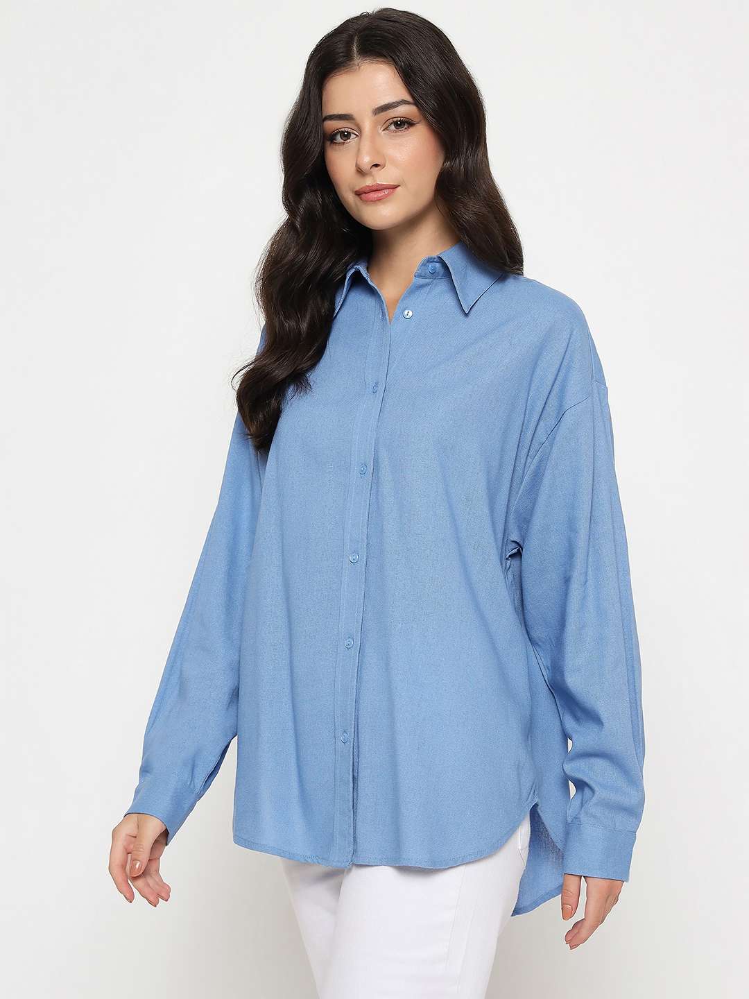 Madame Linen Blend Solid Cobalt Blue Shirt - Image 5