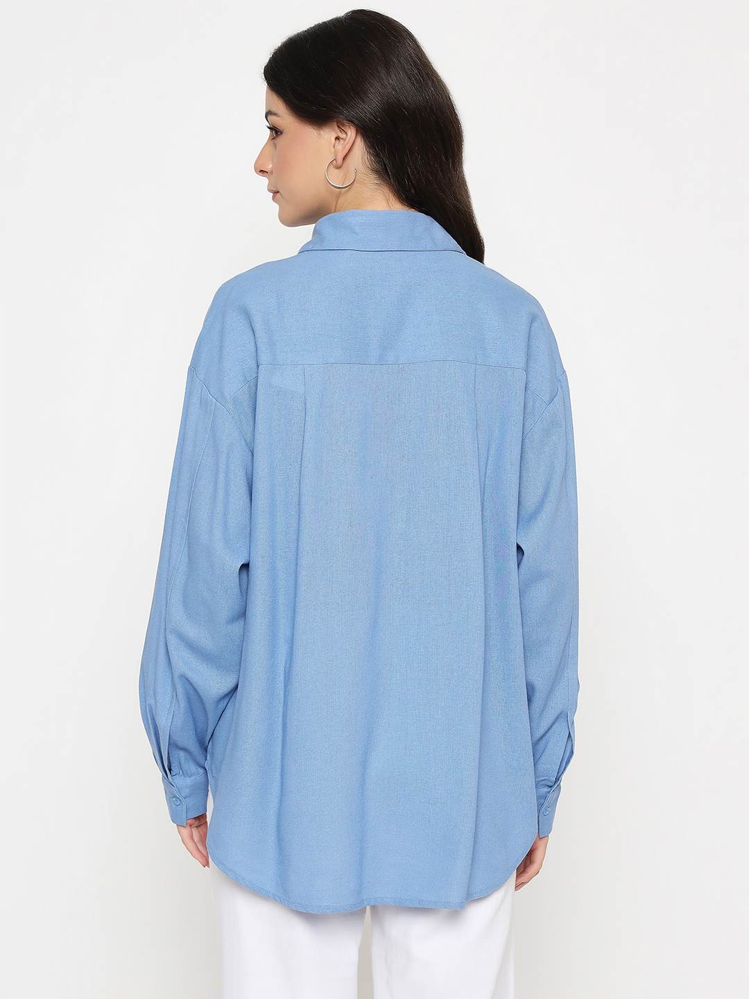 Madame Linen Blend Solid Cobalt Blue Shirt - Image 6