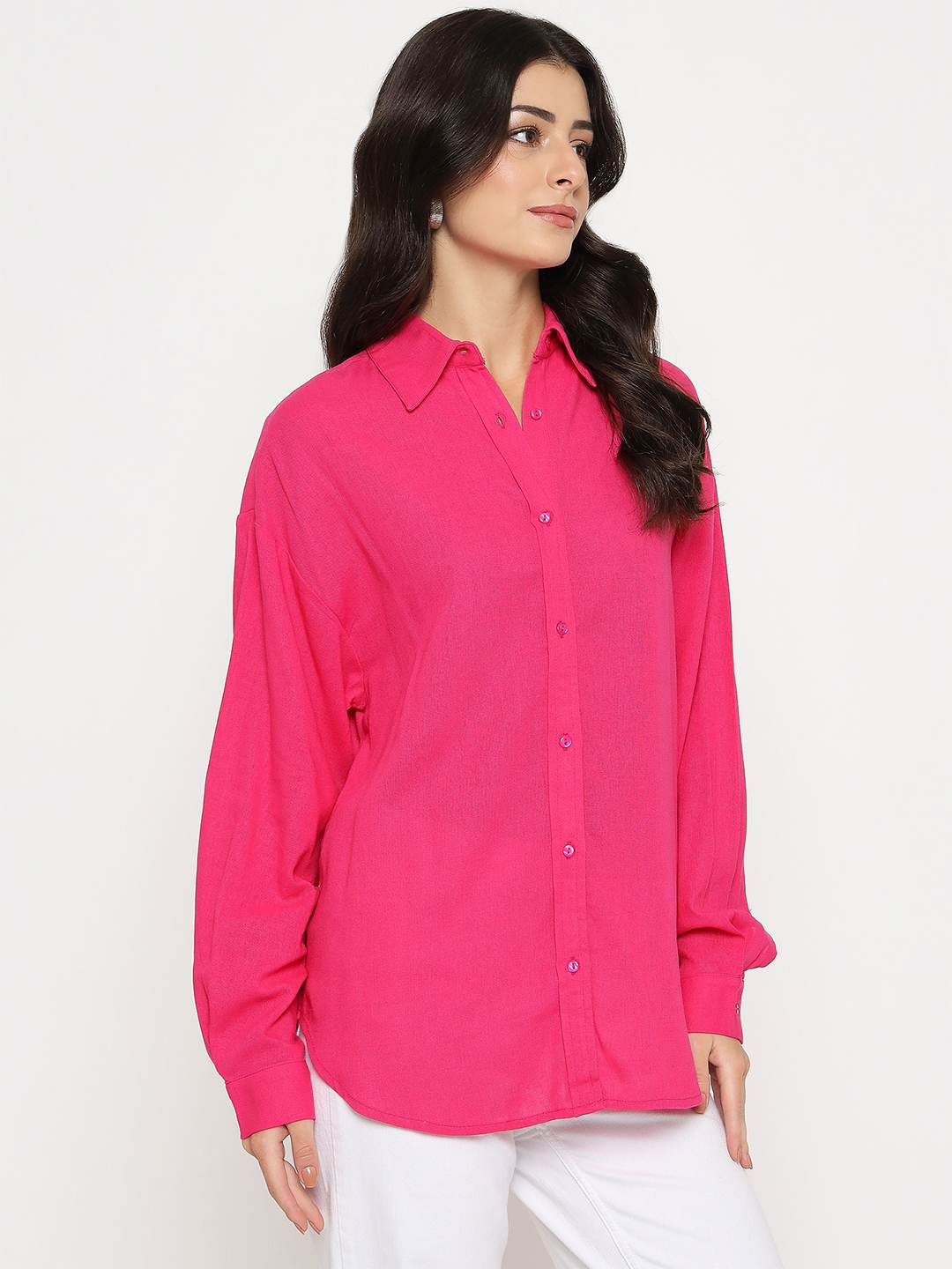 Madame Linen Blend Solid Hot Pink Shirt - Image 4