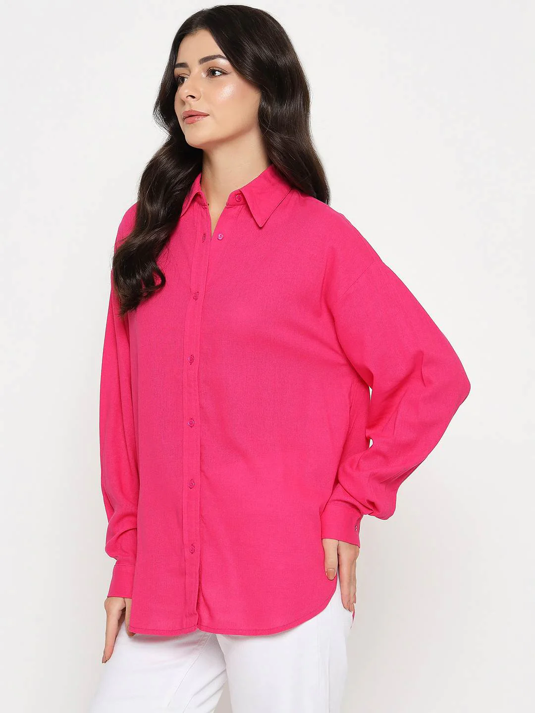 Madame Linen Blend Solid Hot Pink Shirt - Image 5
