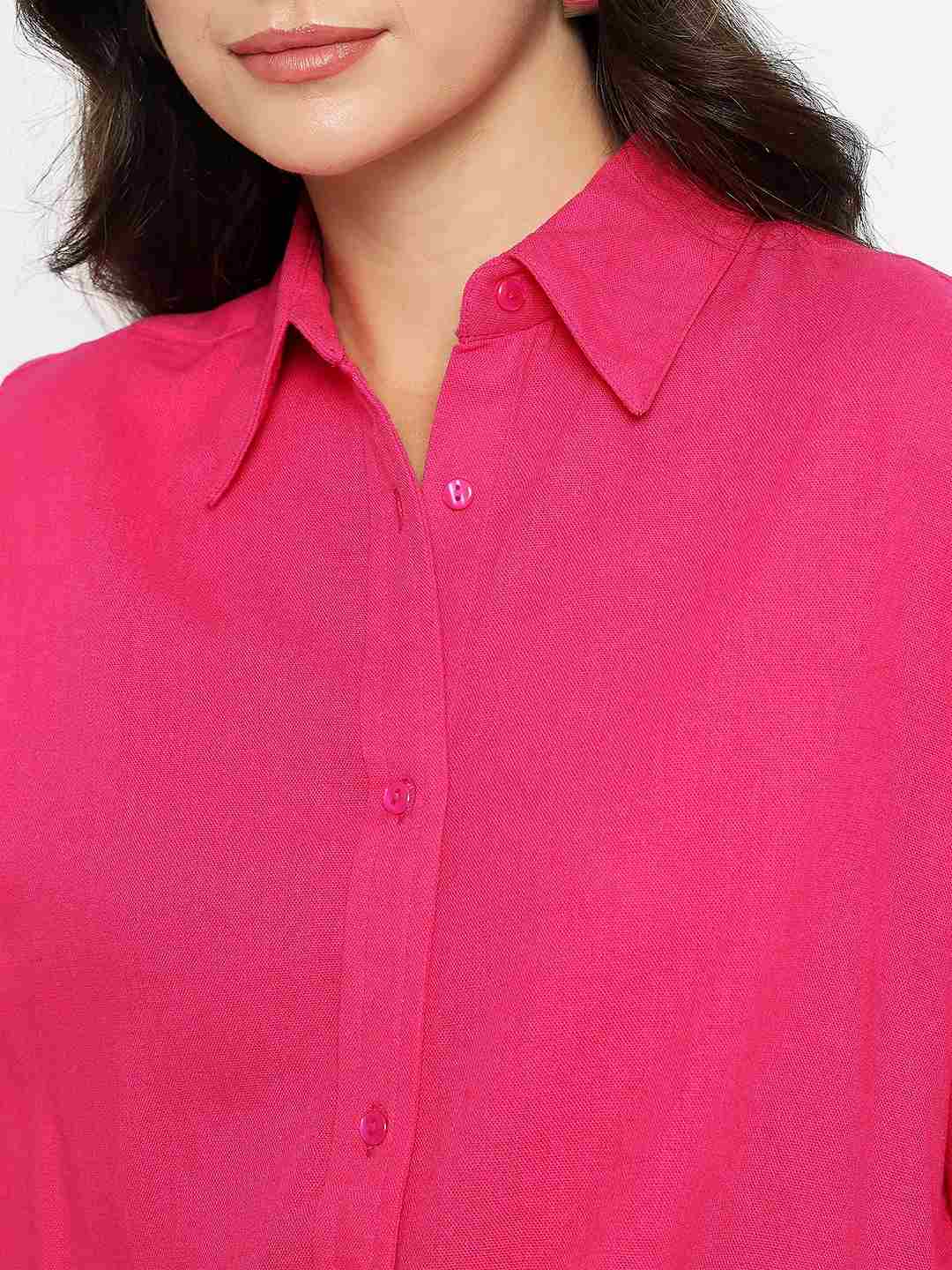 Madame Linen Blend Solid Hot Pink Shirt - Image 7