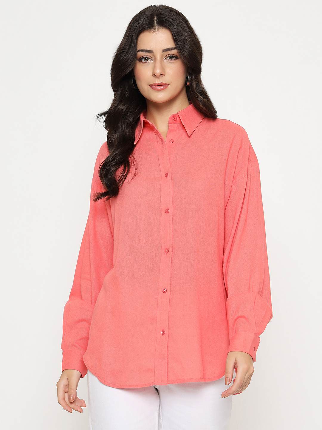 Madame Linen Blend Solid Light Coral Shirt - Image 3