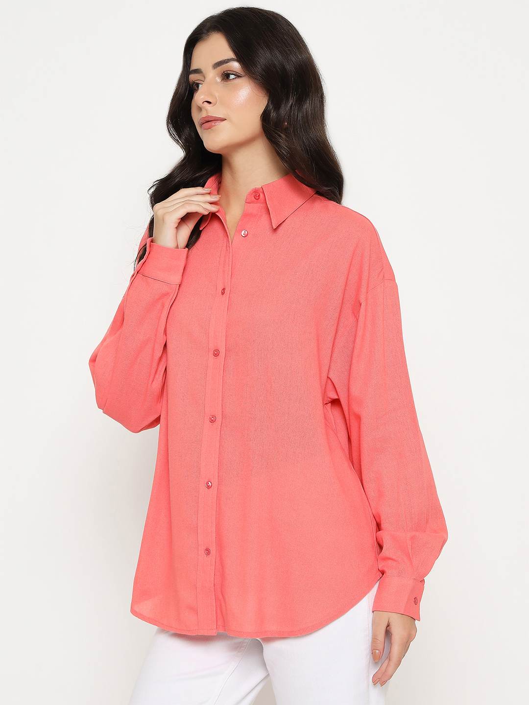 Madame Linen Blend Solid Light Coral Shirt - Image 5