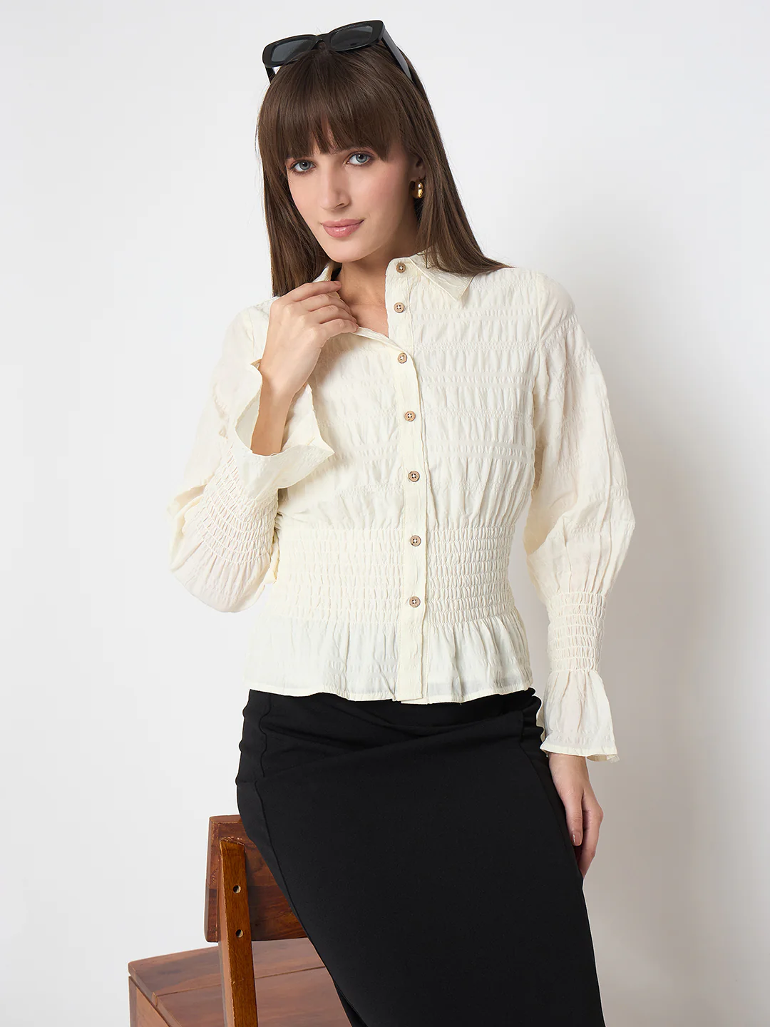 Madame Smocked Waist Off White Peplum Shirt