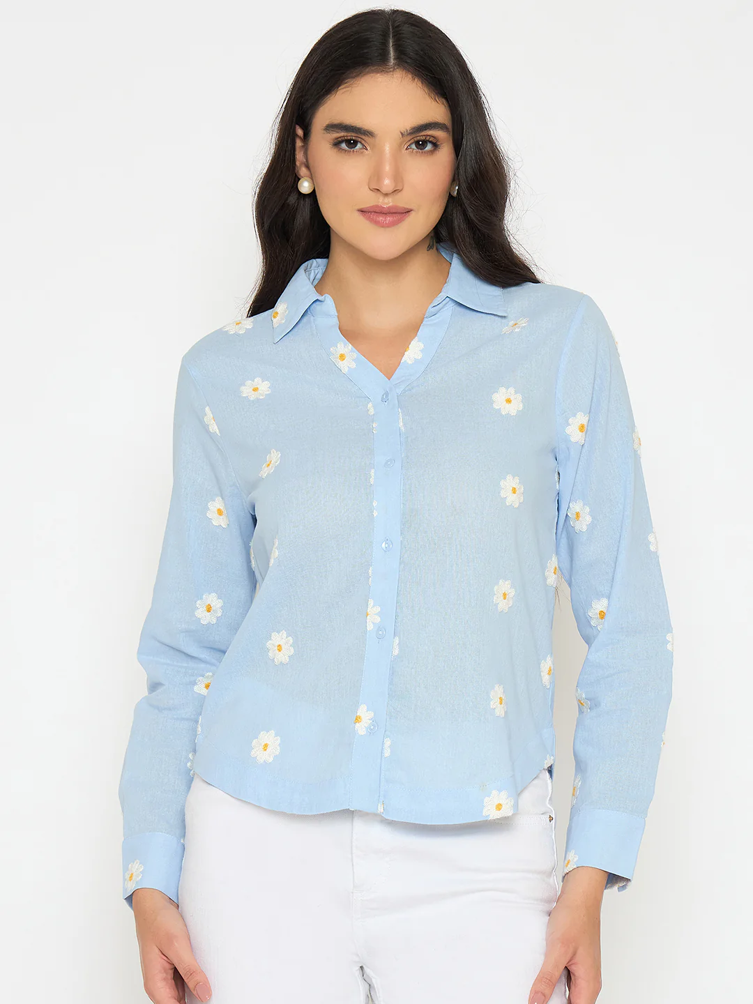Madame Floral Embroidery Blue Cotton Shirt - Image 3