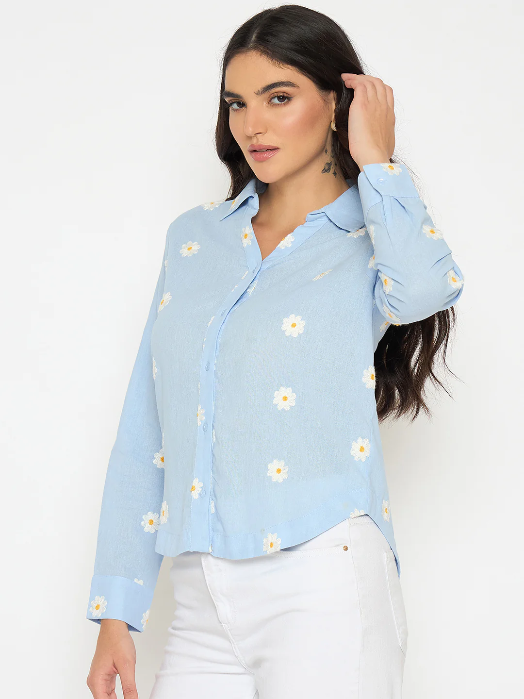 Madame Floral Embroidery Blue Cotton Shirt - Image 5