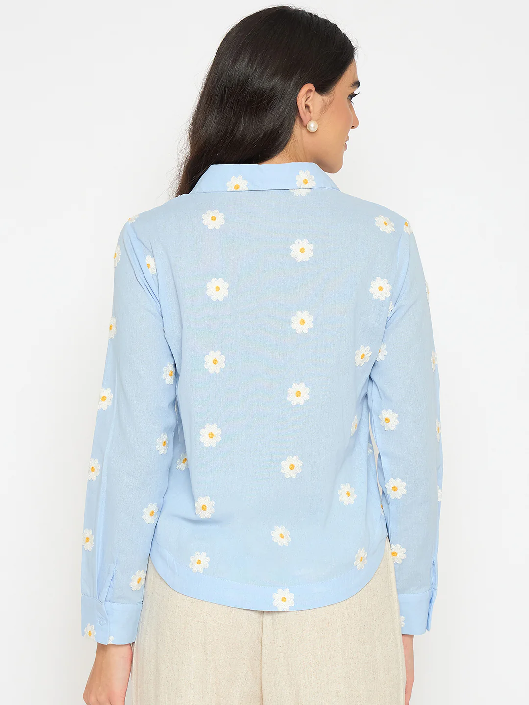 Madame Floral Embroidery Blue Cotton Shirt - Image 6