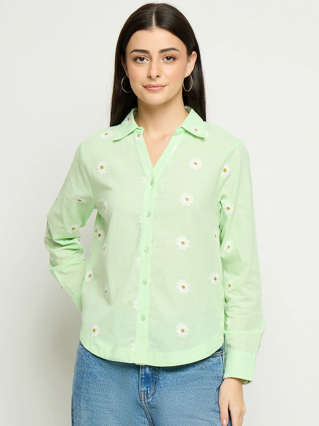 Madame Floral Embroidery Green Cotton Shirt - Image 3