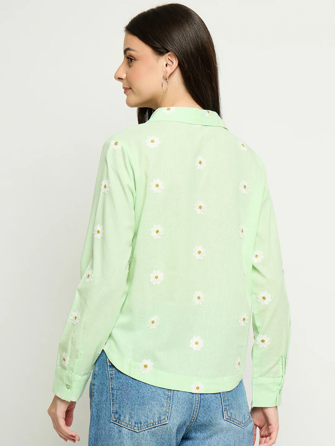 Madame Floral Embroidery Green Cotton Shirt - Image 6
