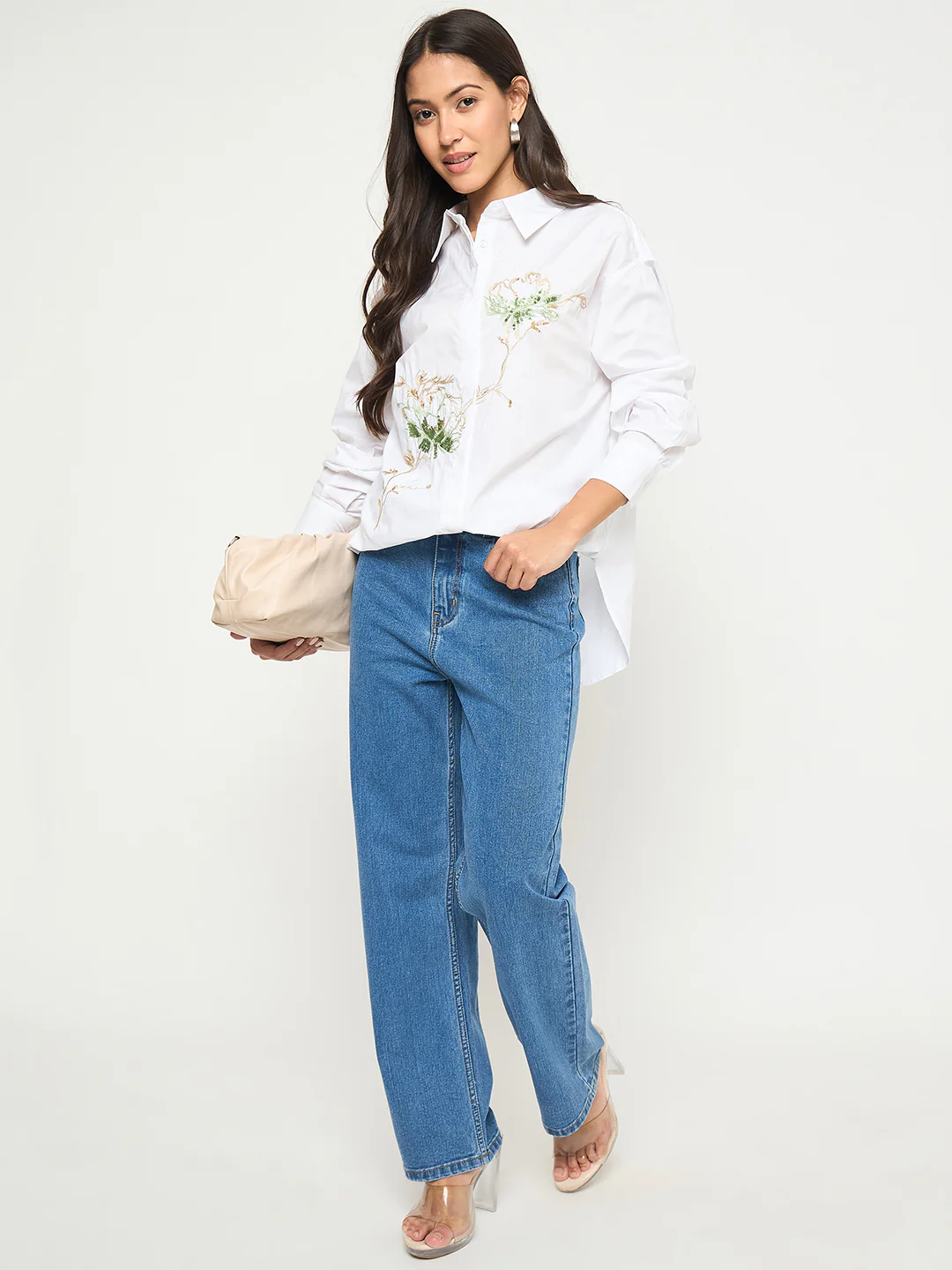 Madame Floral Embroidery White Cotton Shirt - Image 2