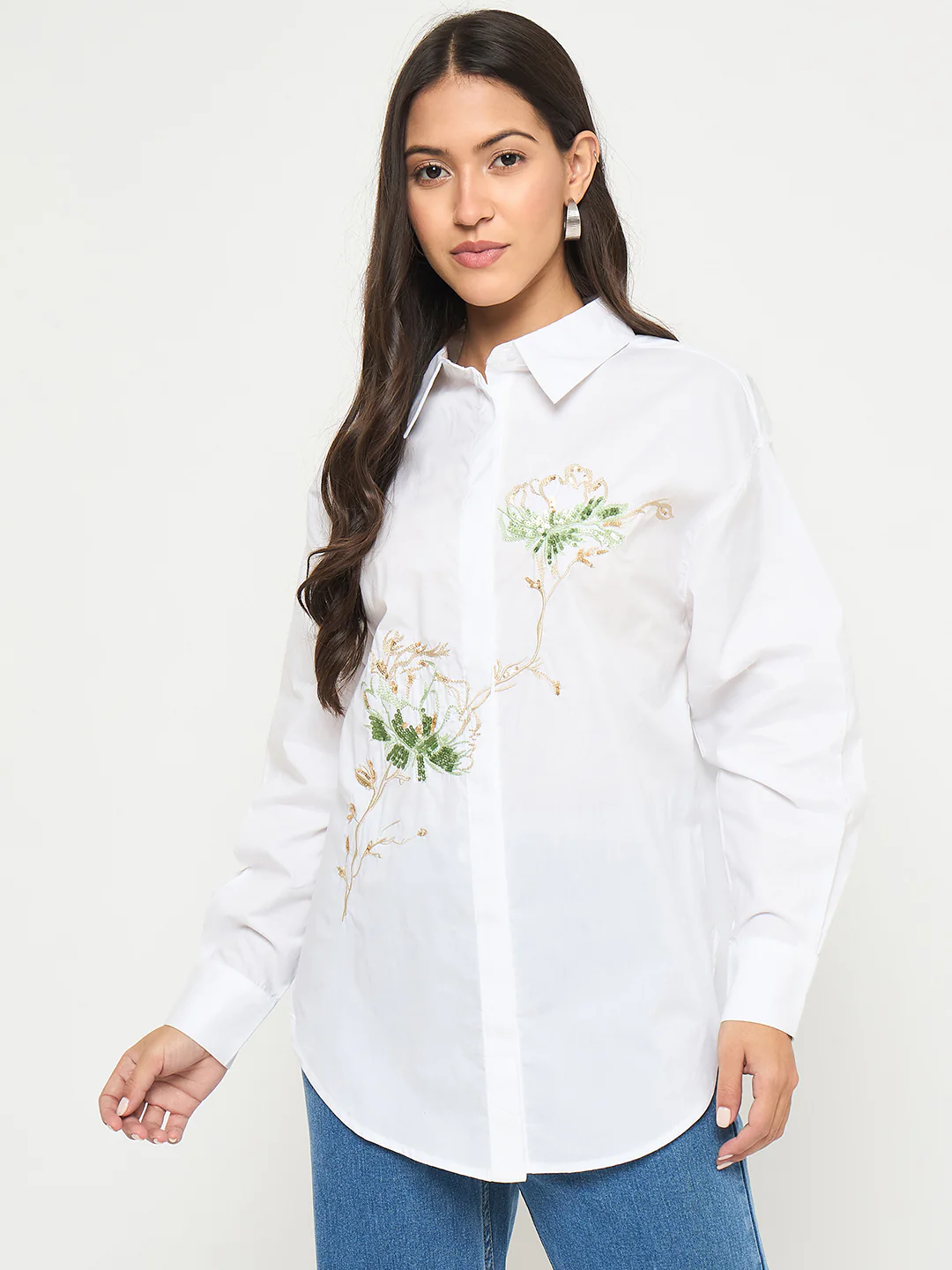 Madame Floral Embroidery White Cotton Shirt - Image 3