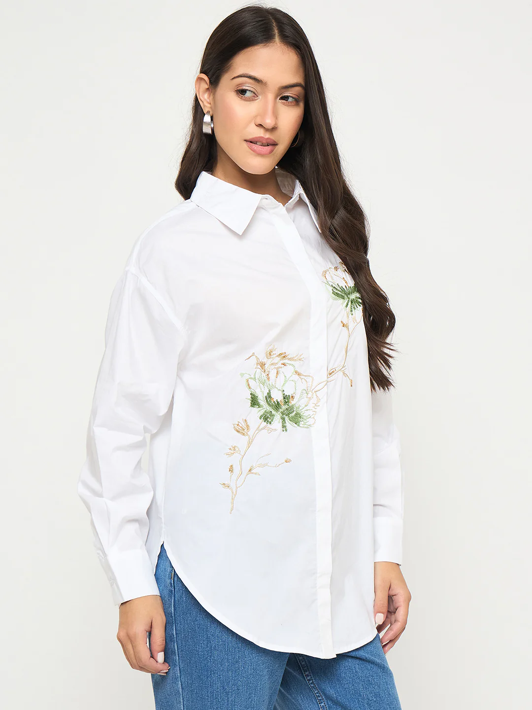 Madame Floral Embroidery White Cotton Shirt - Image 4