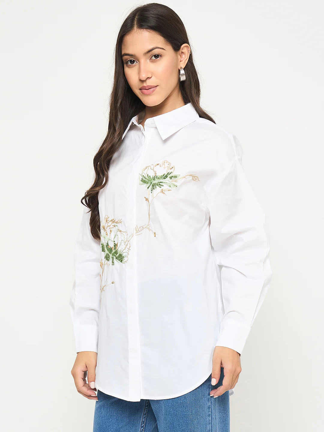 Madame Floral Embroidery White Cotton Shirt - Image 5