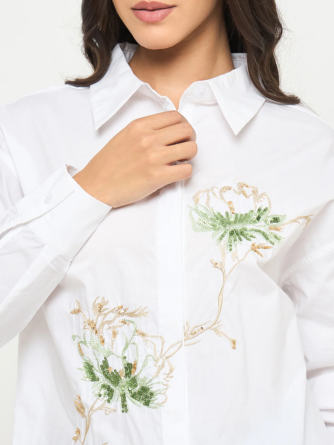 Madame Floral Embroidery White Cotton Shirt - Image 7