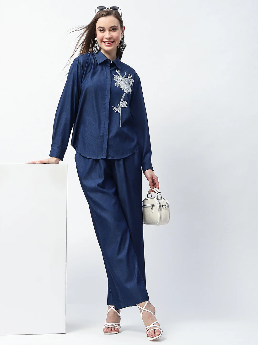 Madame Dori Embroidered Navy Blue Cotton Blend Shirt - Image 2