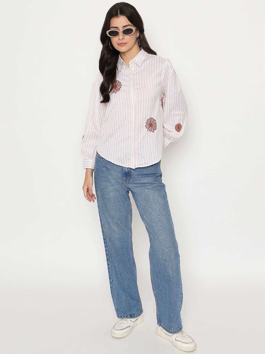 Madame Floral Embroidery Beige Striped Shirt - Image 2