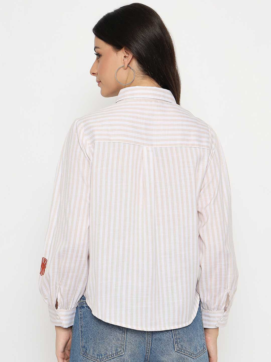 Madame Floral Embroidery Beige Striped Shirt - Image 6