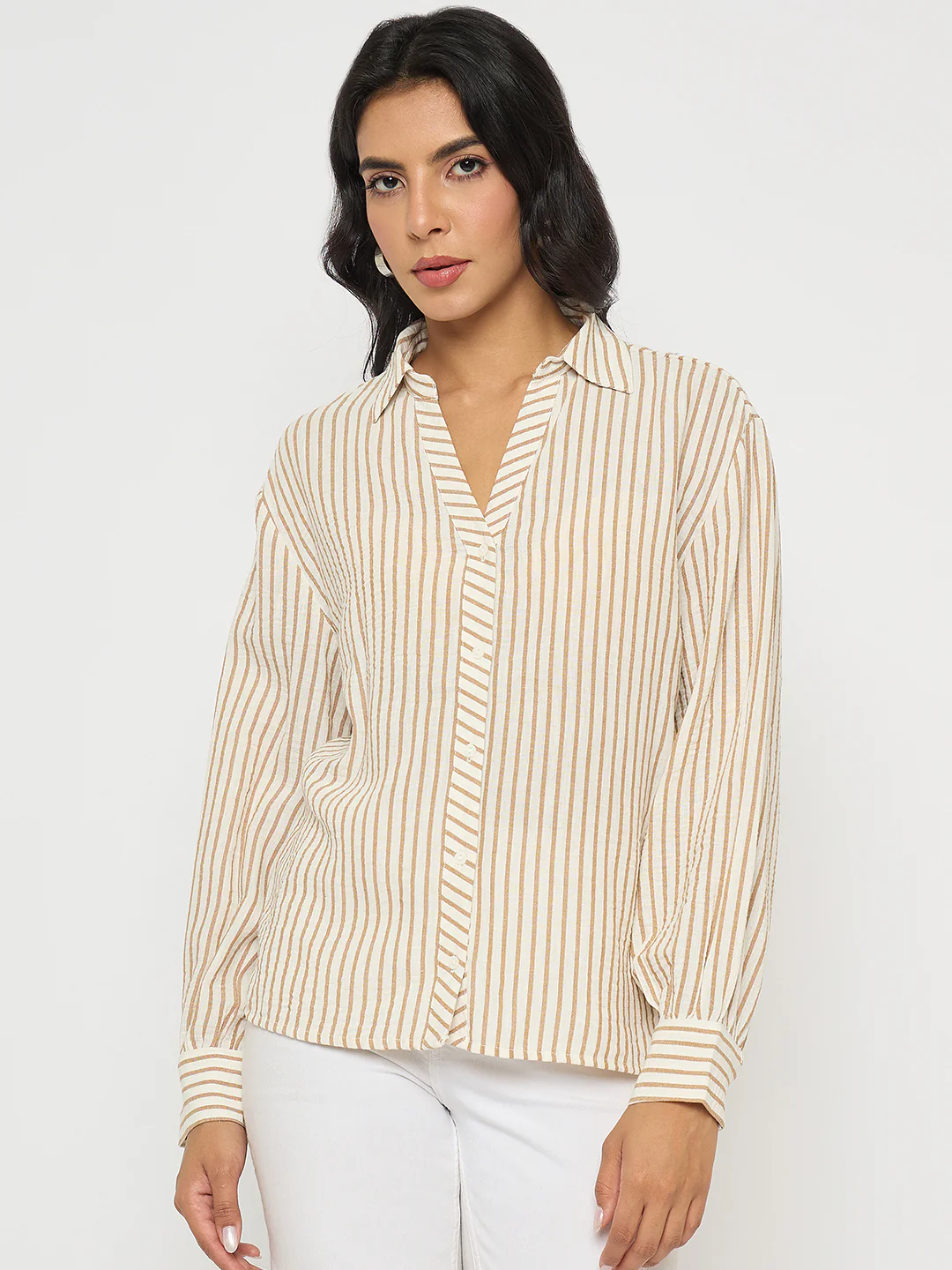 Madame Textured Brown Striped Shirt - Image 3