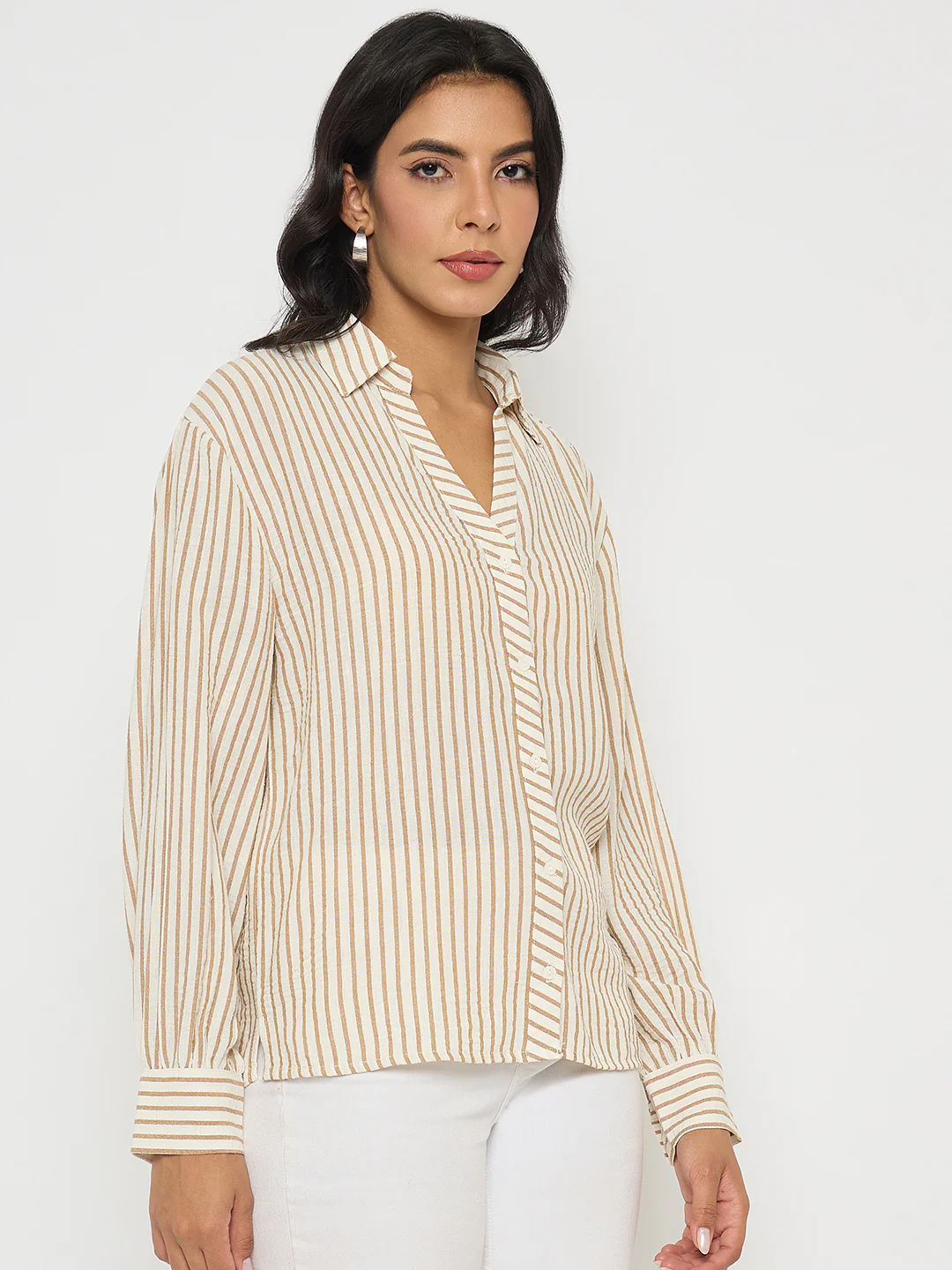 Madame Textured Brown Striped Shirt - Image 4