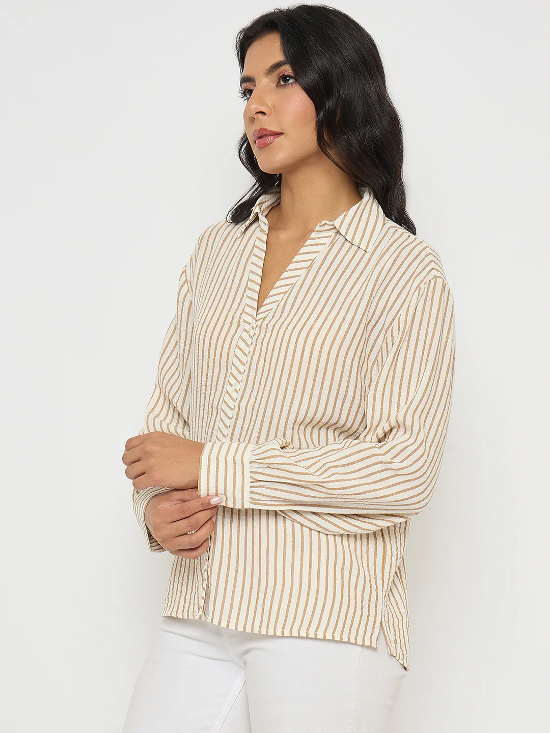 Madame Textured Brown Striped Shirt - Image 5