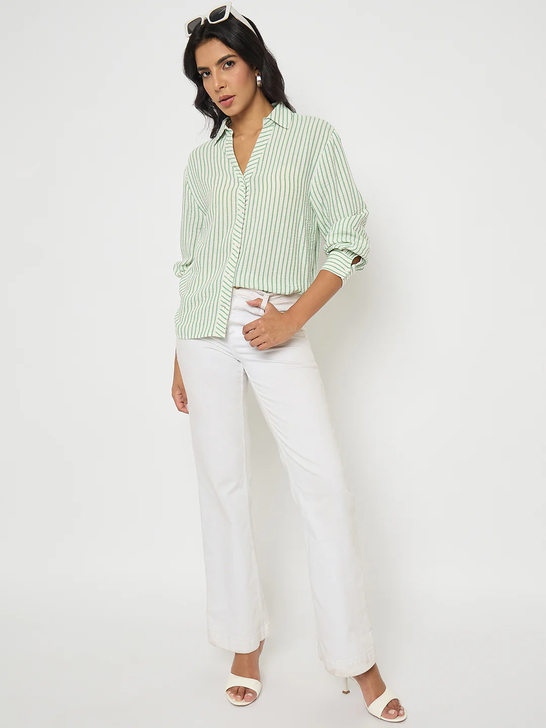 Madame Textured Green Striped Shirt - Image 2