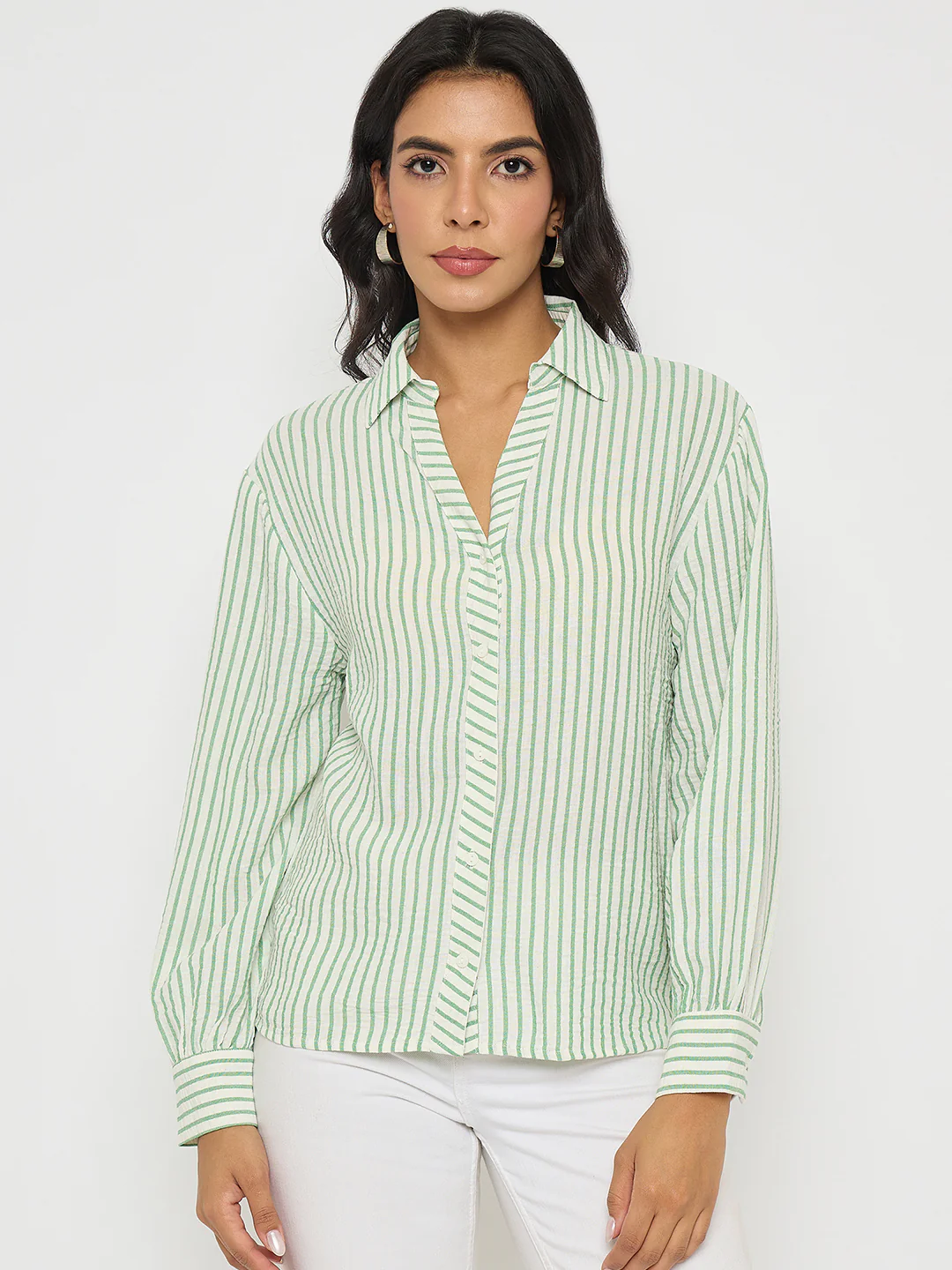 Madame Textured Green Striped Shirt - Image 3