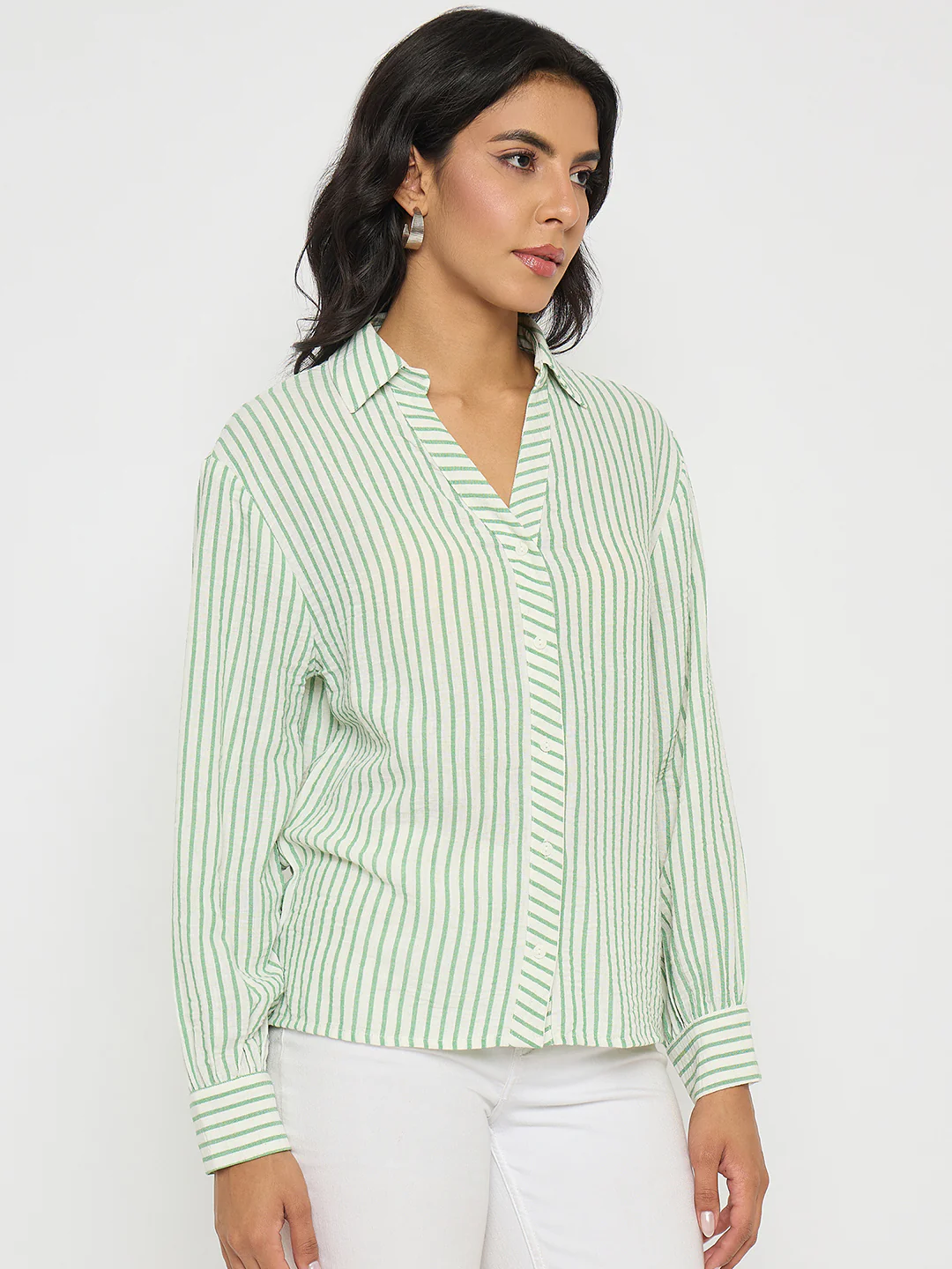 Madame Textured Green Striped Shirt - Image 4