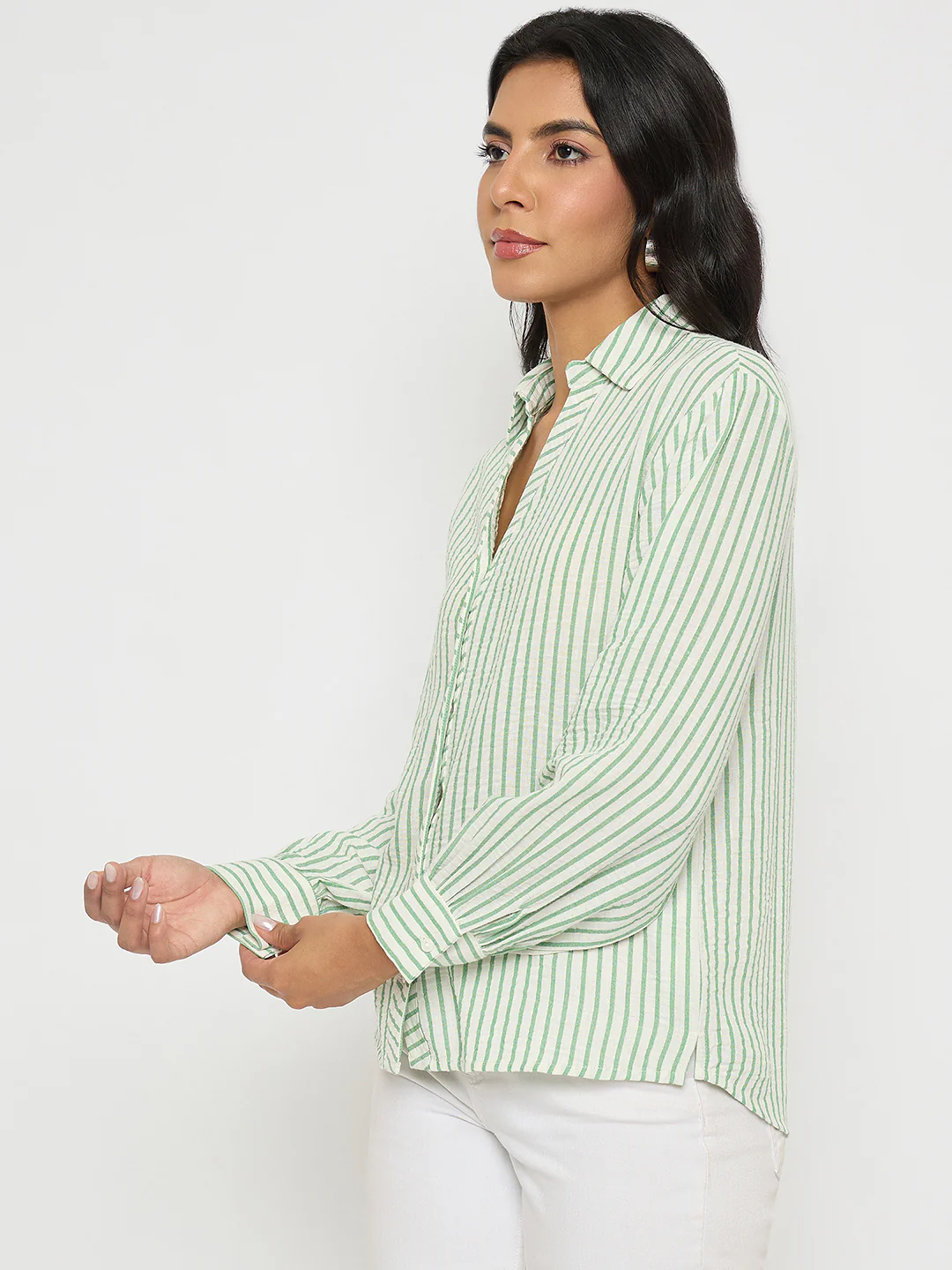 Madame Textured Green Striped Shirt - Image 5