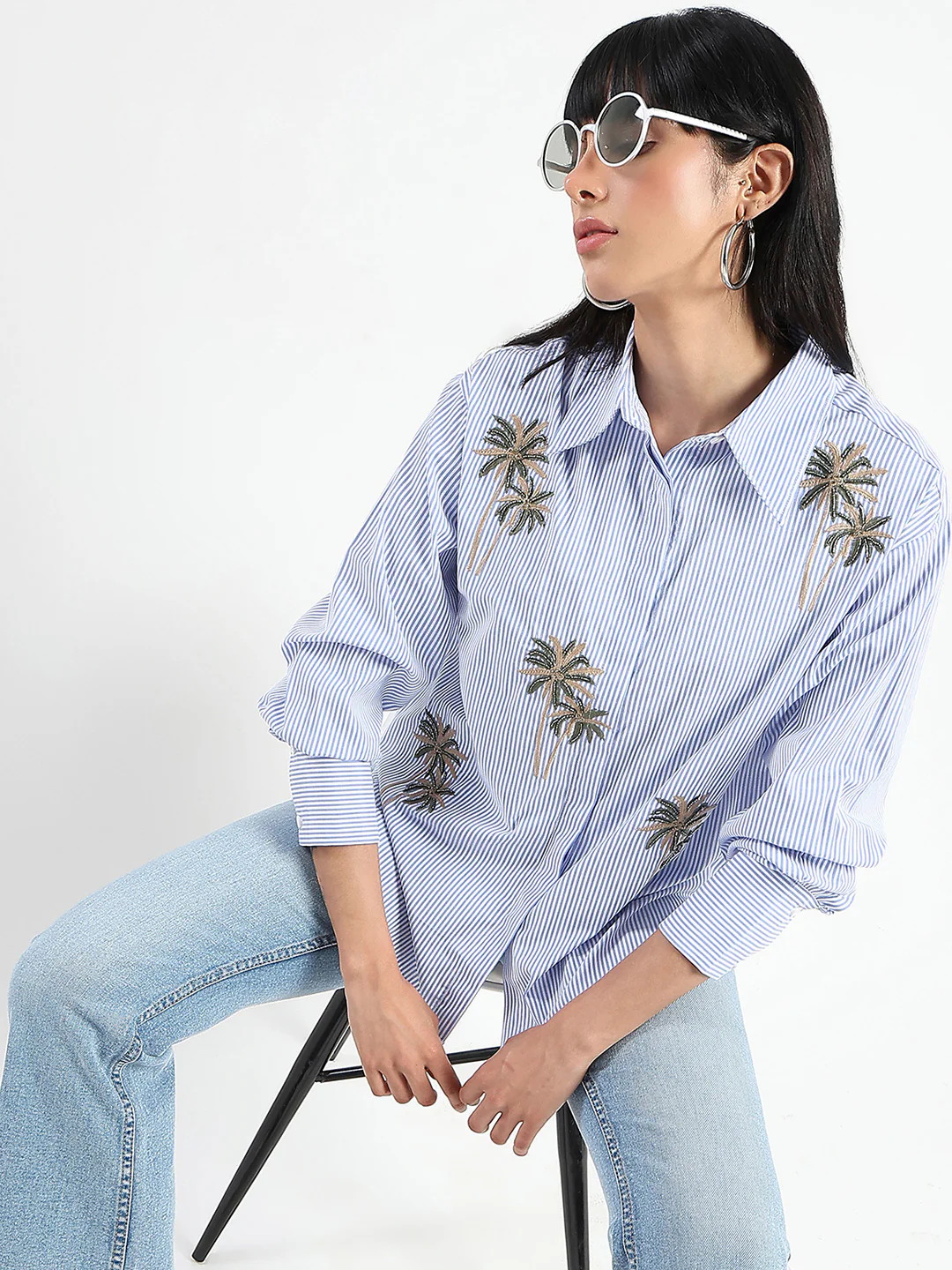 Madame Striped with Placement Embroidery Blue Cotton Shirt