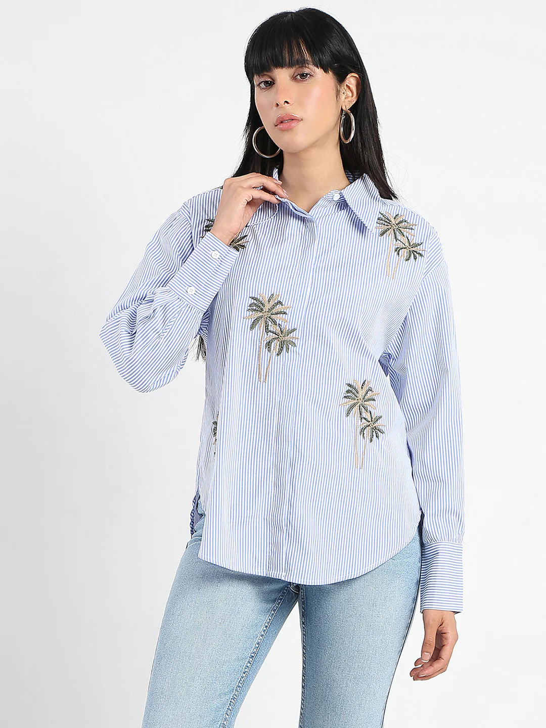 Madame Striped with Placement Embroidery Blue Cotton Shirt - Image 3