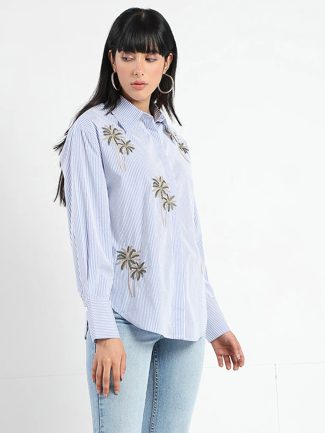 Madame Striped with Placement Embroidery Blue Cotton Shirt - Image 4