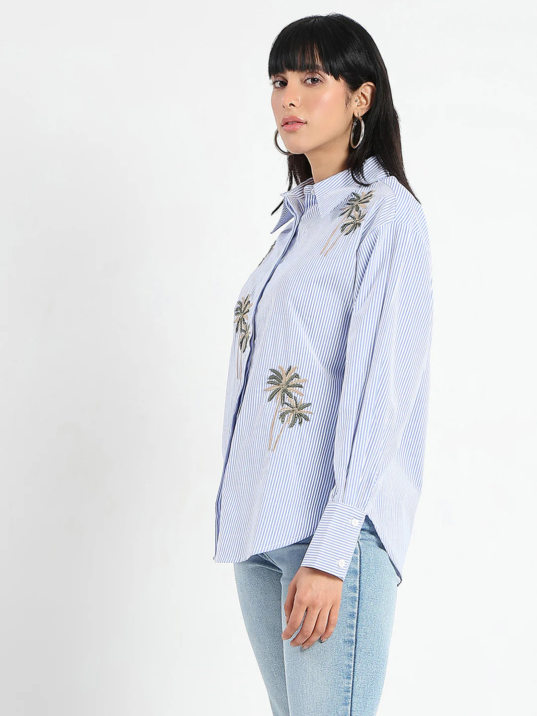 Madame Striped with Placement Embroidery Blue Cotton Shirt - Image 5