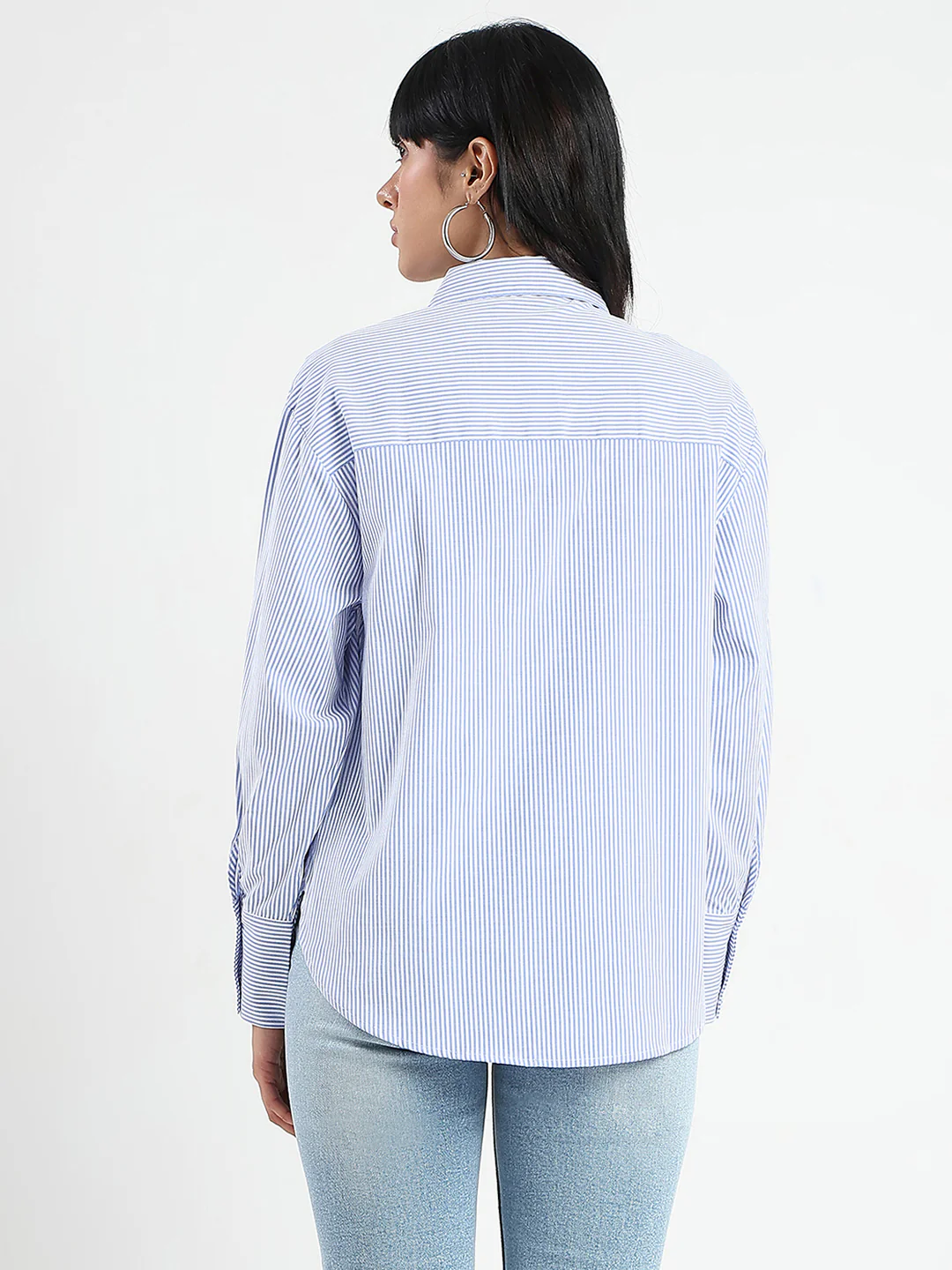 Madame Striped with Placement Embroidery Blue Cotton Shirt - Image 6