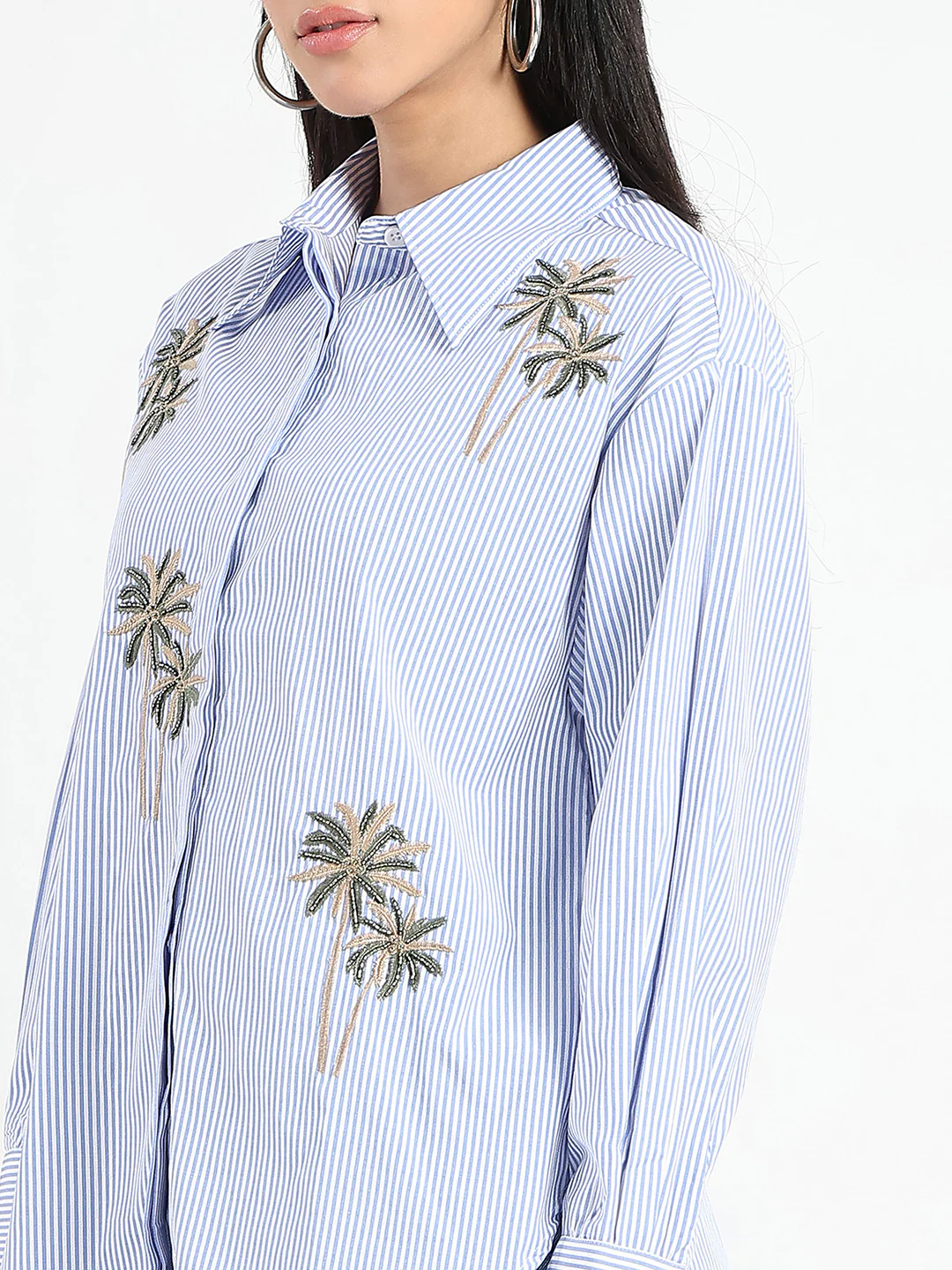 Madame Striped with Placement Embroidery Blue Cotton Shirt - Image 7