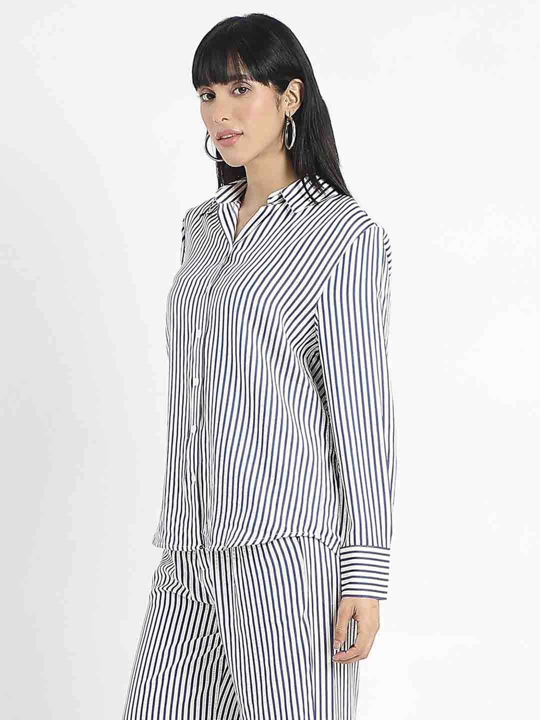 Madame Striped Navy Blue Cotton Blend Shirt - Image 2