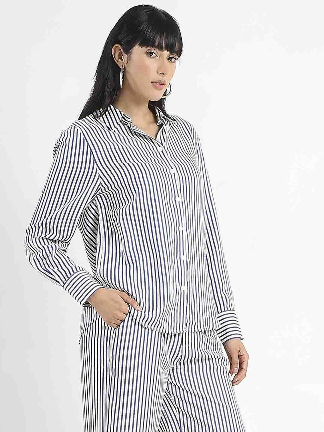Madame Striped Navy Blue Cotton Blend Shirt - Image 3