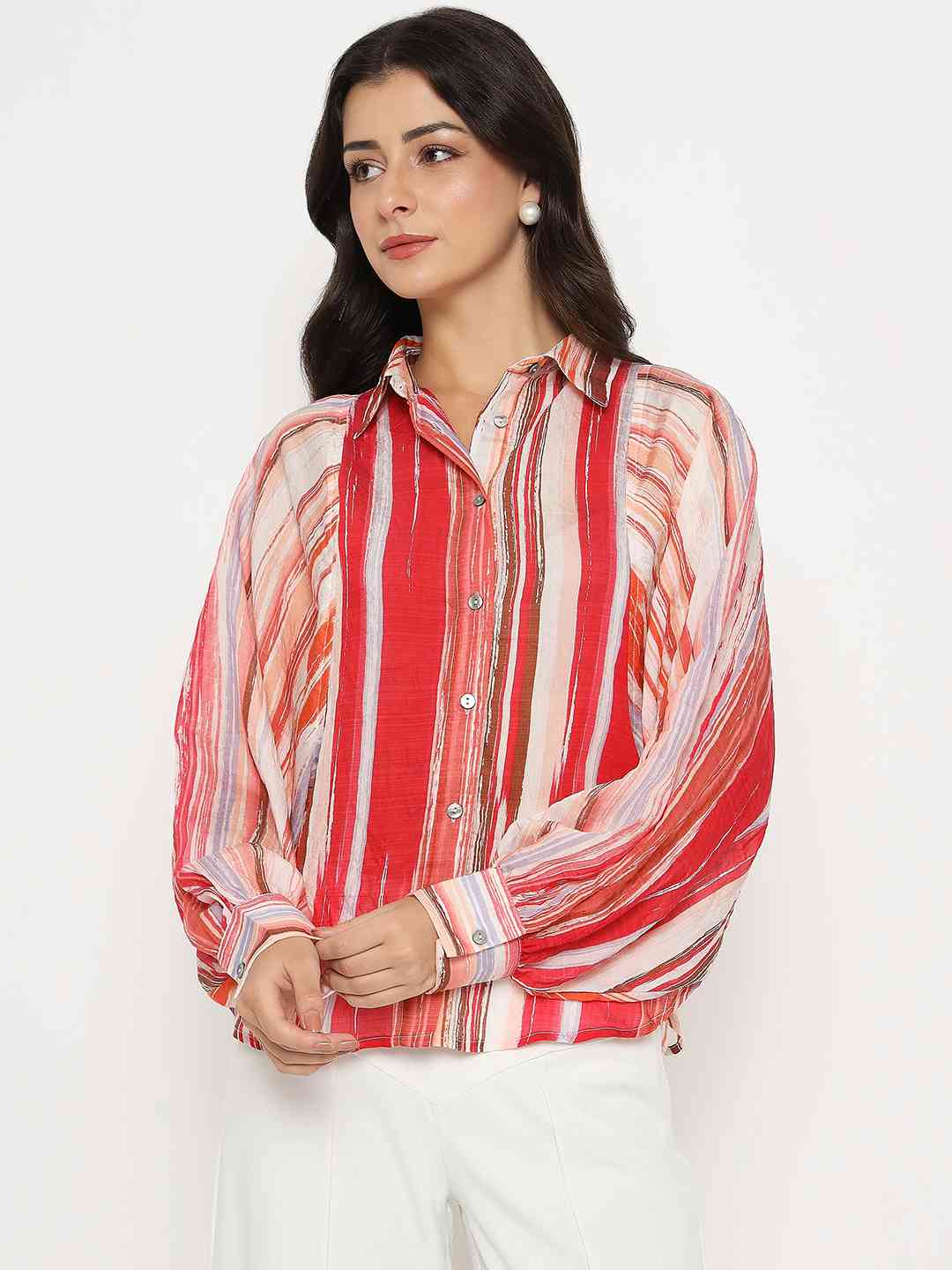 Madame Striped Viscose Blend Red Shirt - Image 3