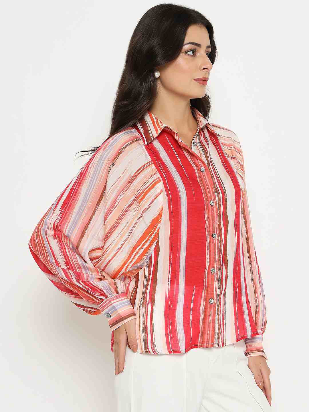 Madame Striped Viscose Blend Red Shirt - Image 4