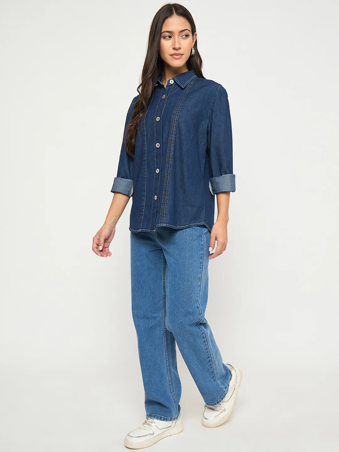 Madame Pintuck Detailed Mid Blue Denim Shirt - Image 2