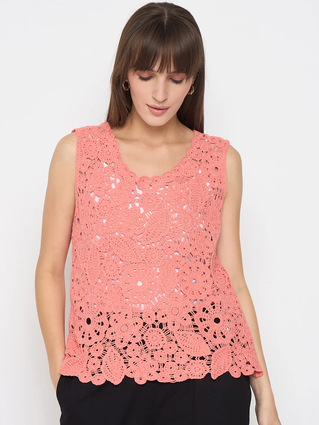 Madame Crochet Sleeveless Solid Coral Top - Image 3