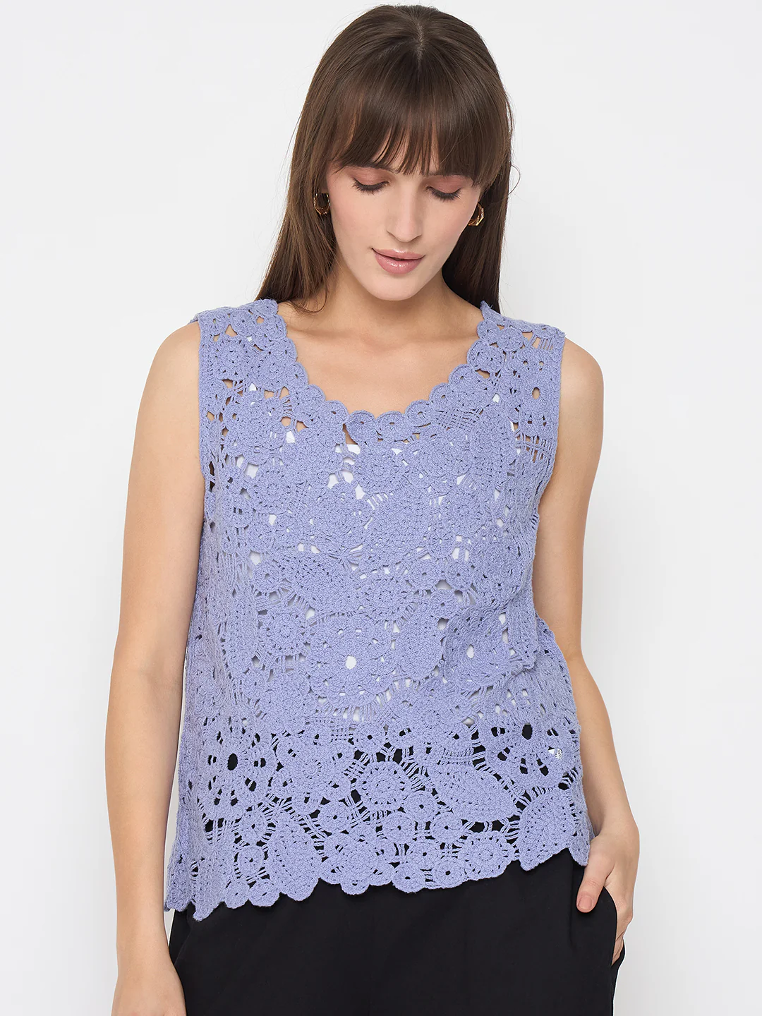 Madame Crochet Sleeveless Solid Powder Blue Top - Image 3