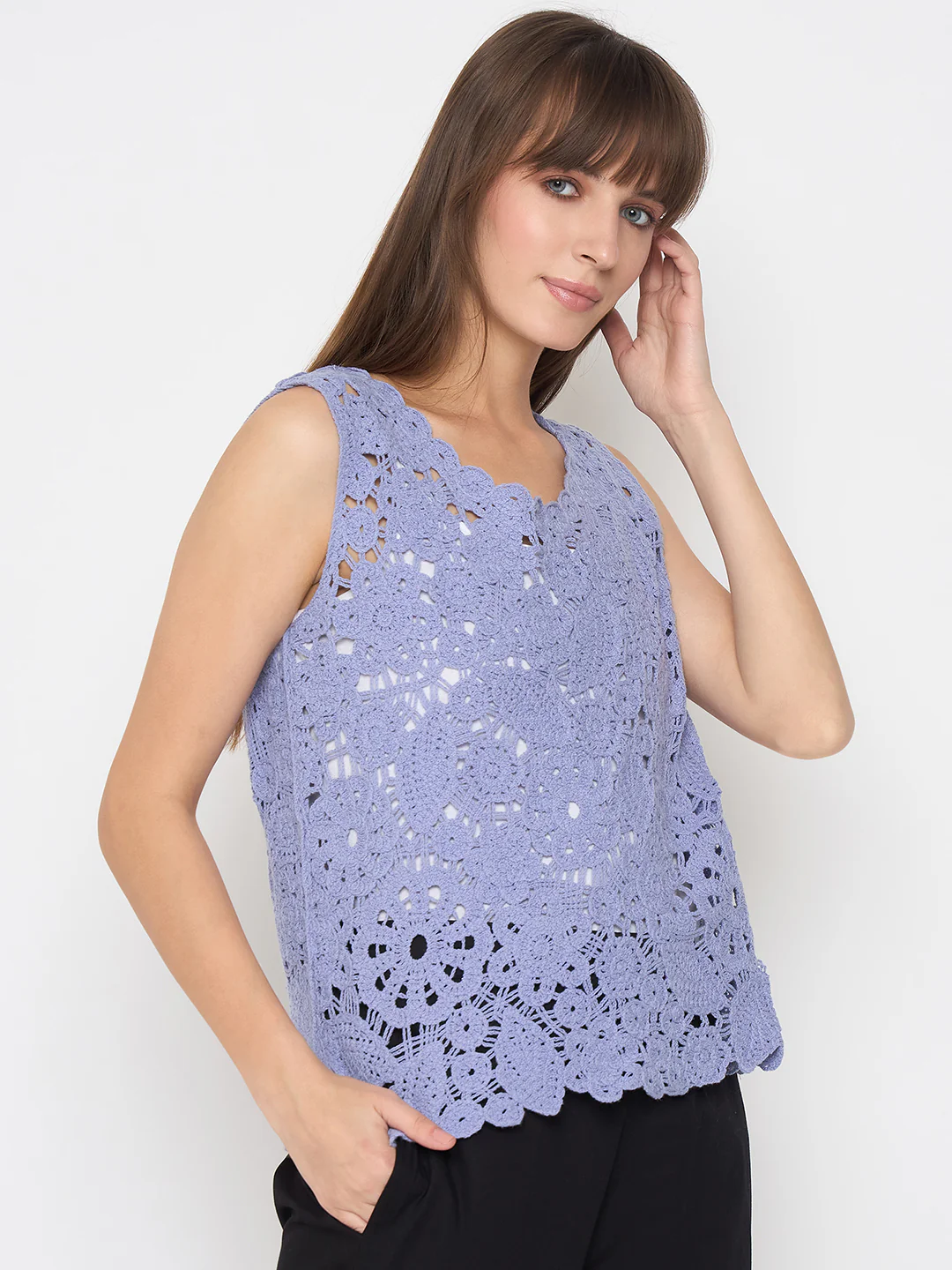 Madame Crochet Sleeveless Solid Powder Blue Top - Image 4