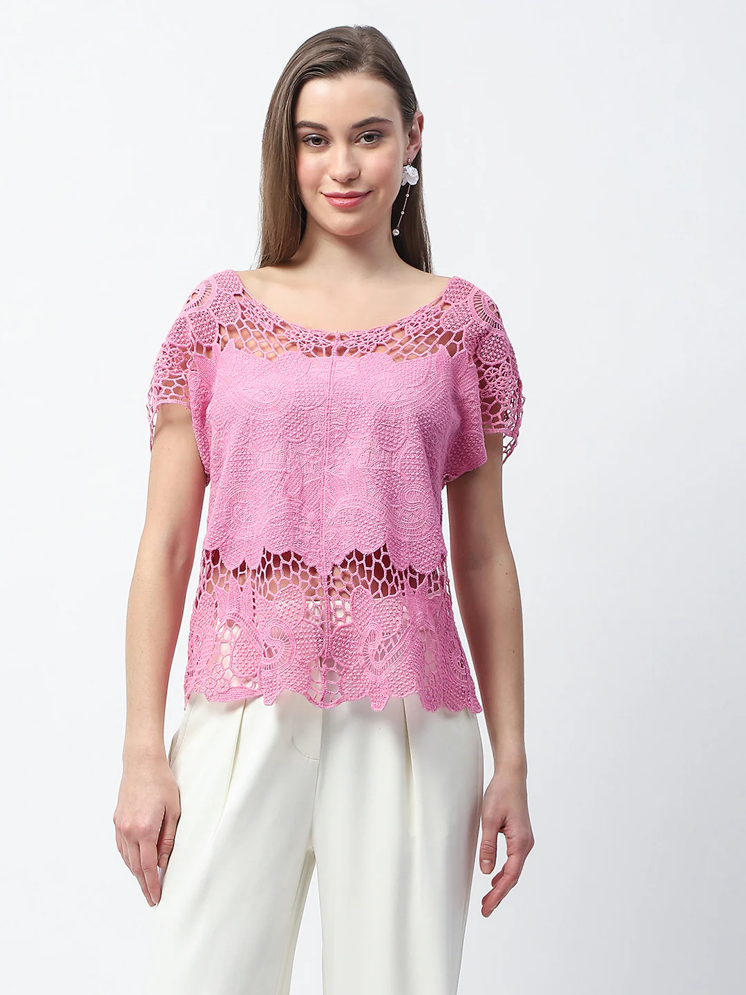 Madame Floral Crochet Pink Cotton Lace Top - Image 3