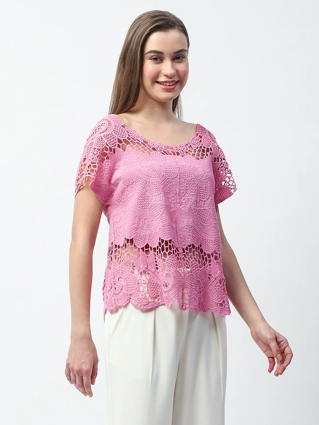 Madame Floral Crochet Pink Cotton Lace Top - Image 4